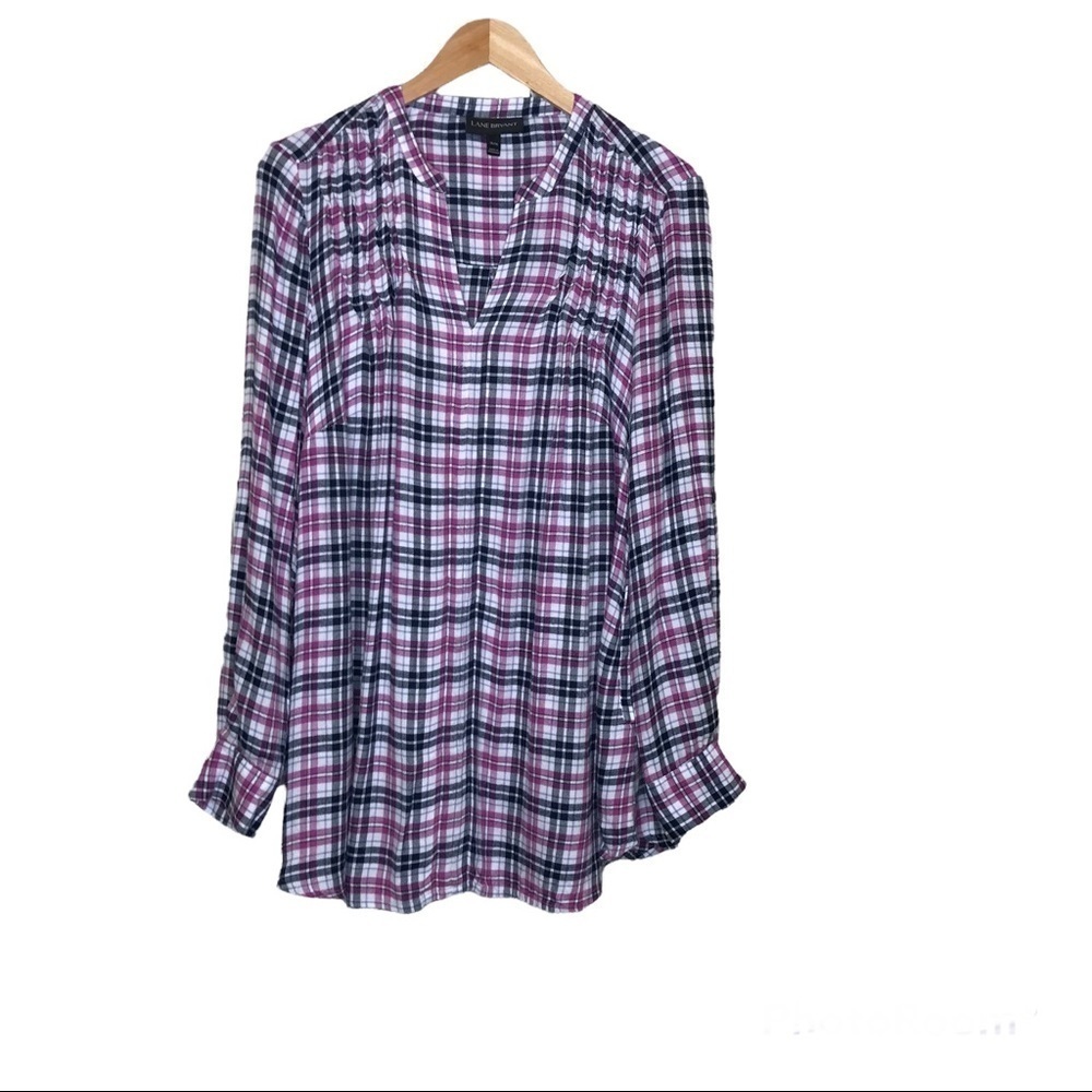 Lane Bryant Womens Tunic Top Shirt Sz 14/16 Plaid V Neck Knife Pleating Roll Tab